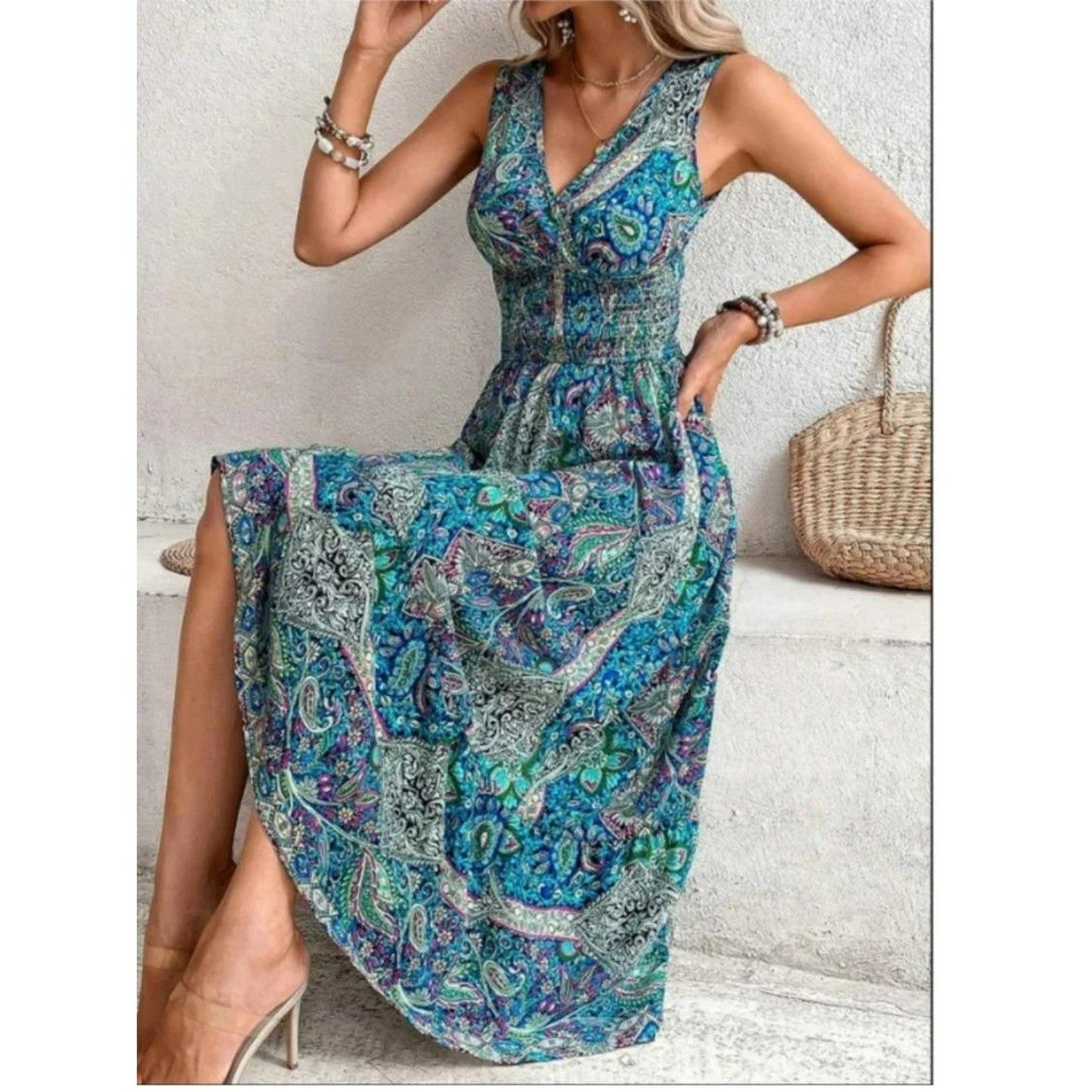 ModeParisienne® Robe d'été légère sans manches bleue élégante