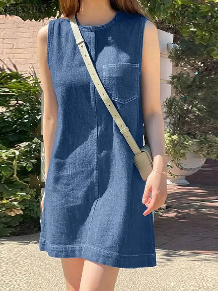 Robe décontractée élégante sans manches Cripes en bleu denim