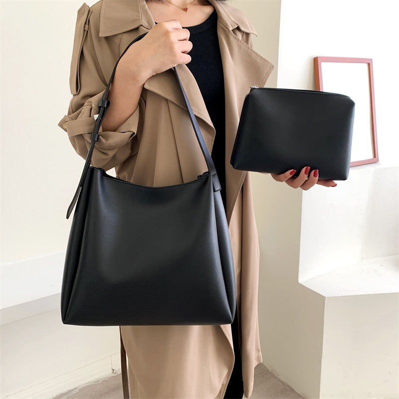 Hochwertige Handtasche für Frauen Große Kapazität Schultertasche Einfarbig Breiter Riemen Weiches PU-Leder