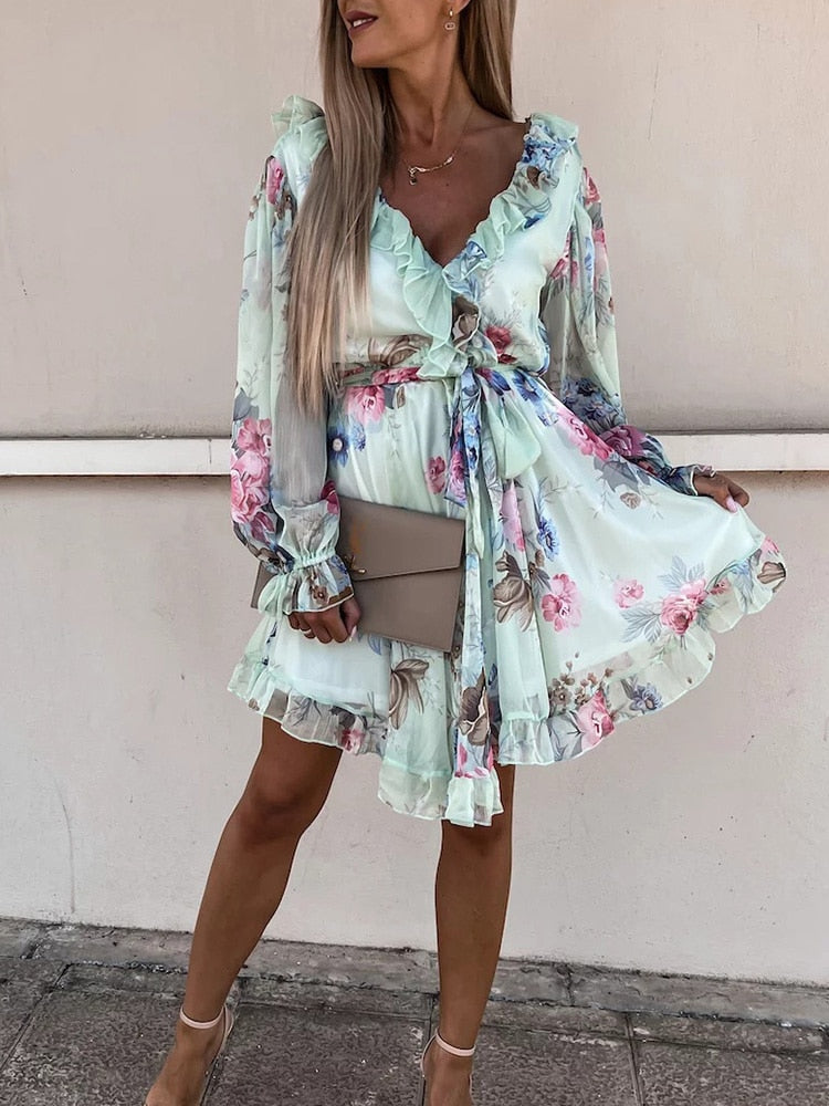 Robe Cripes À Imprimé Floral | Blanc, rose et vert clair