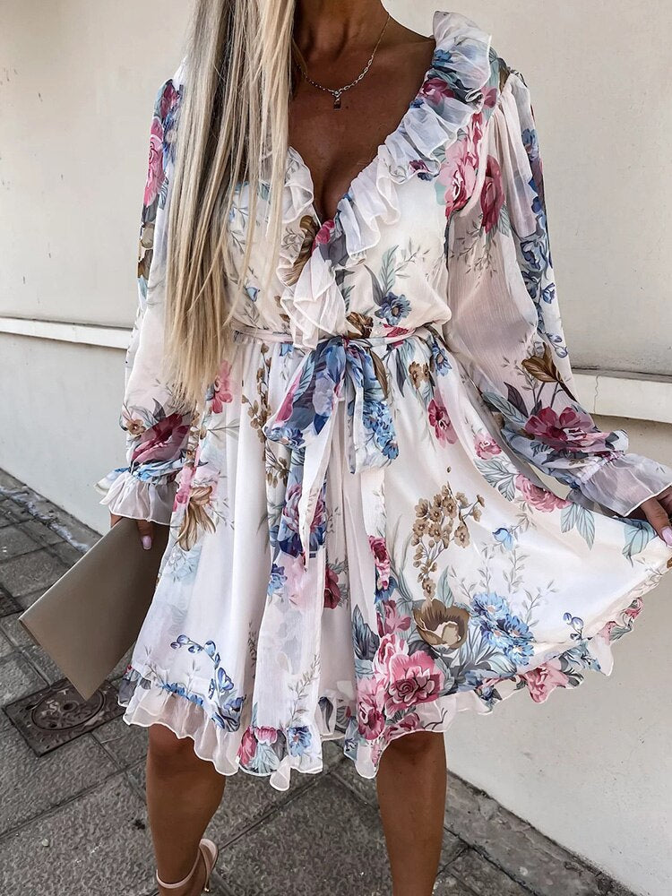 Robe Cripes À Imprimé Floral | Blanc, rose et vert clair