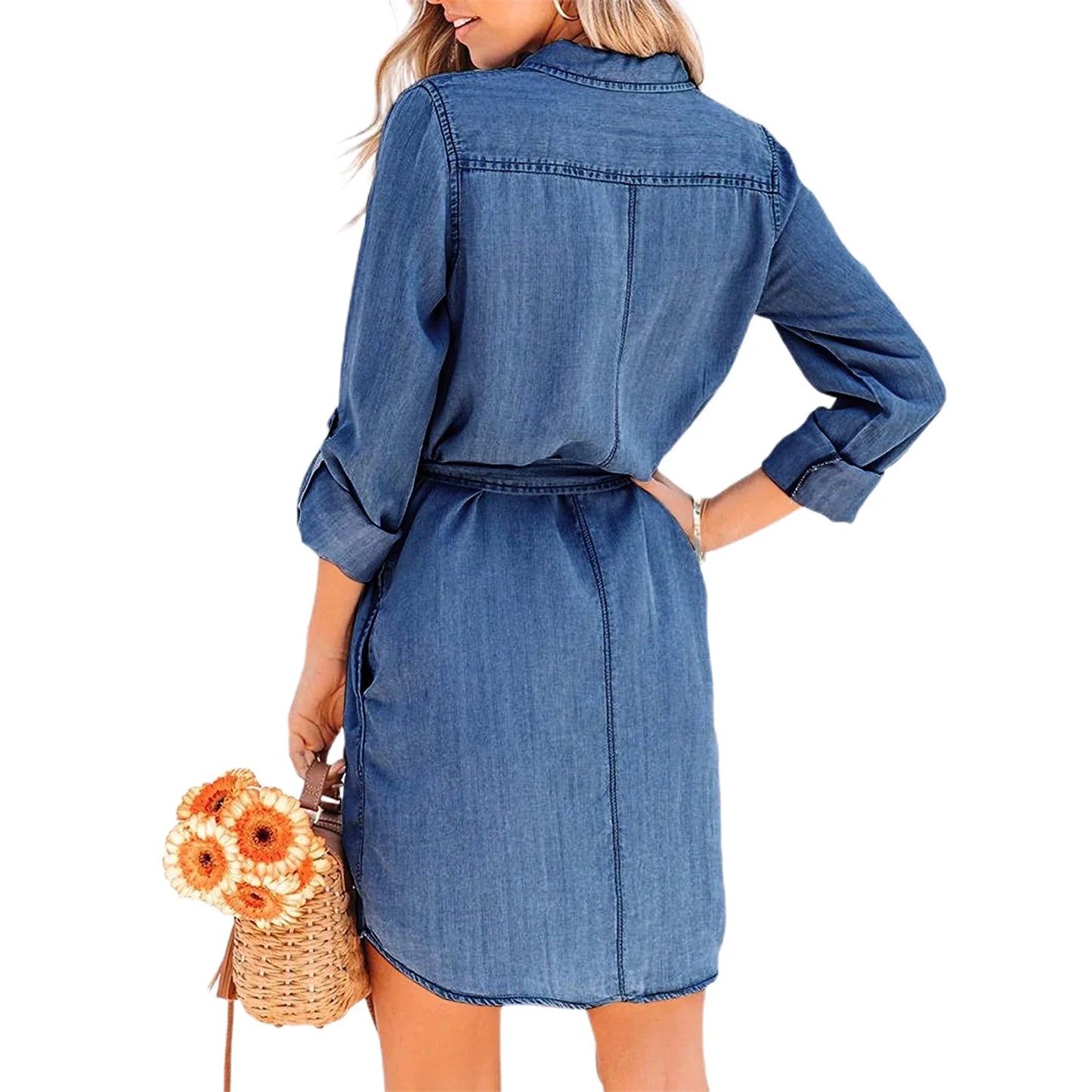 Robe en jean cripes à manches longues et boutons