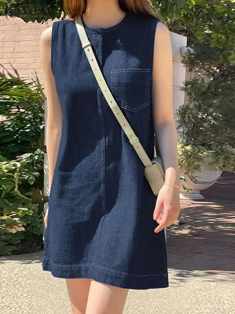 Robe décontractée élégante sans manches Cripes en bleu denim