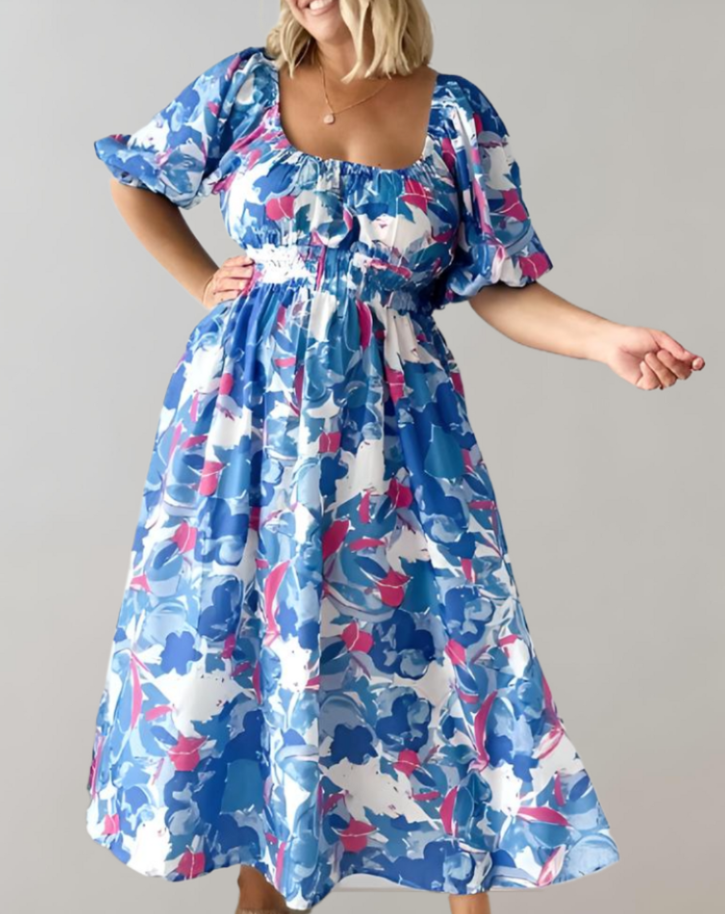 Robe fleurie Cripes à manches bouffantes et taille smockée pour femme | Naomi