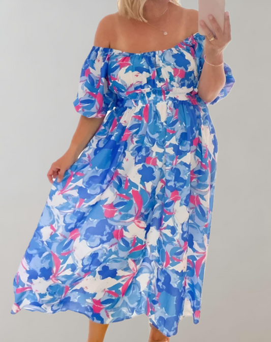 Robe fleurie Cripes à manches bouffantes et taille smockée pour femme | Naomi