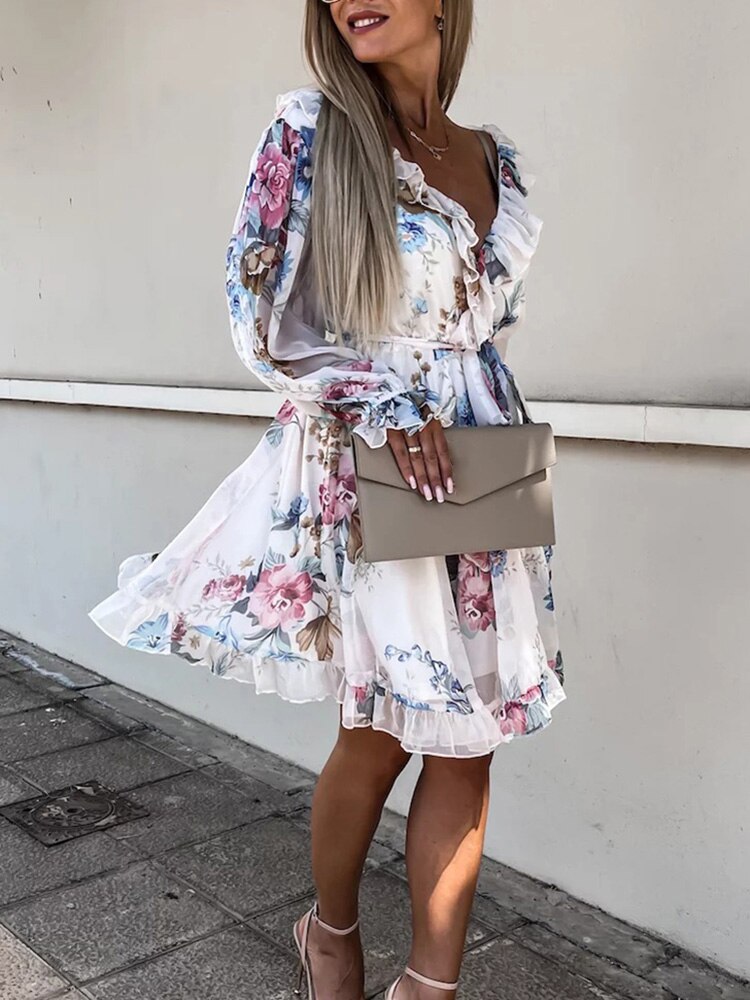 Robe Cripes À Imprimé Floral | Blanc, rose et vert clair