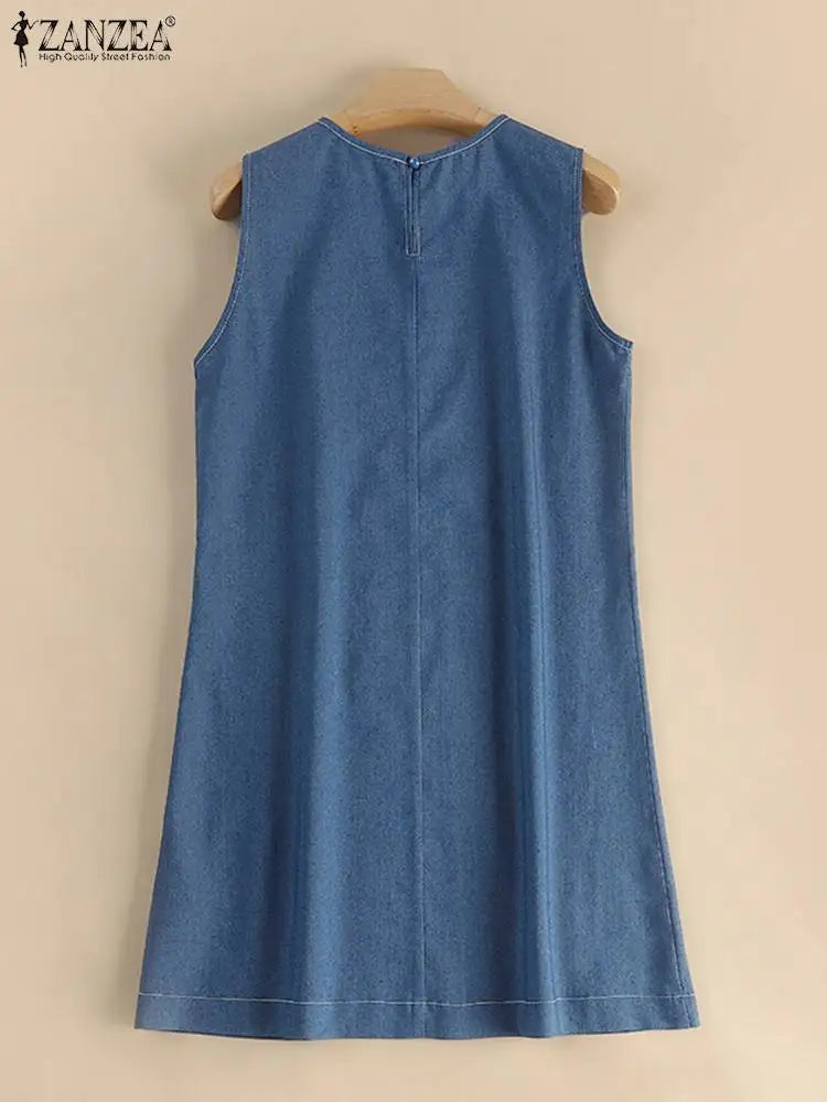 Robe décontractée élégante sans manches Cripes en bleu denim