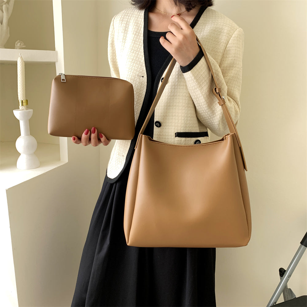 Hochwertige Handtasche für Frauen Große Kapazität Schultertasche Einfarbig Breiter Riemen Weiches PU-Leder