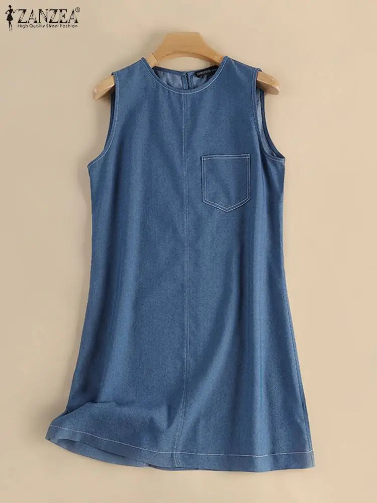 Robe décontractée élégante sans manches Cripes en bleu denim