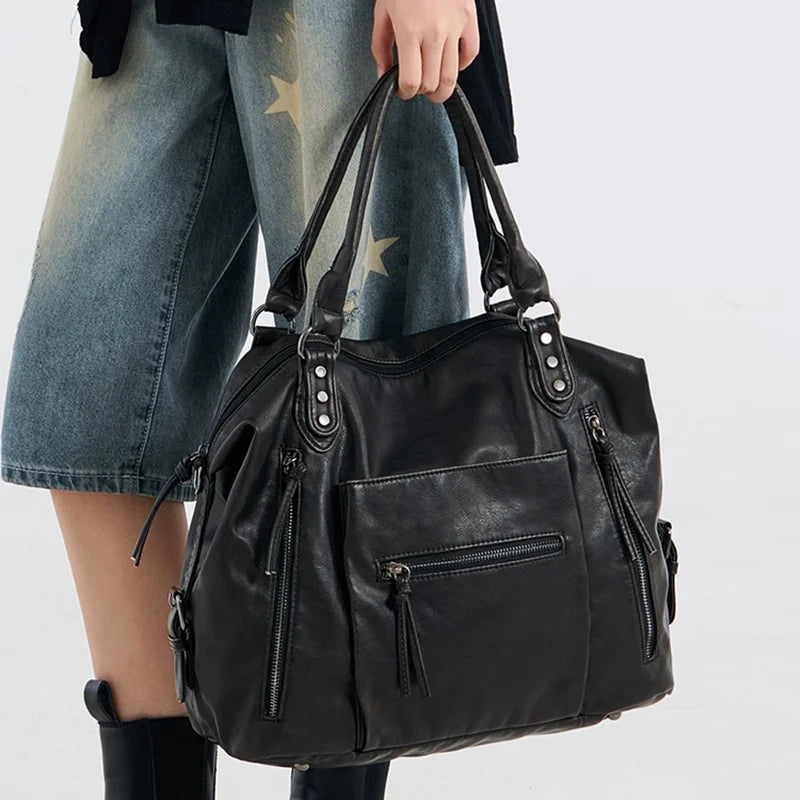 Multipocket Schultertasche Mode Retro Pendler Unterarm Motorrad Tasche Marken Design Damen Umhängetasche große Reisetasche