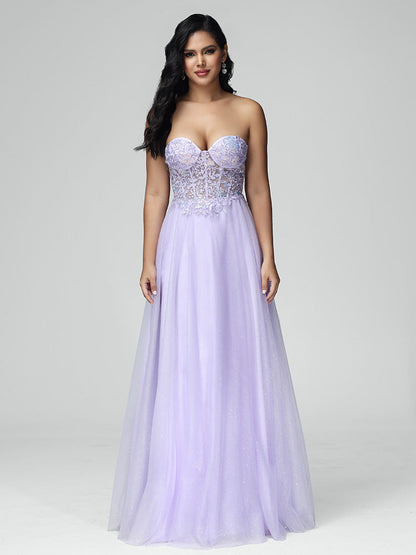 épaule dénudée Tulle Paillettes et Dentelle Robe de Soirée en LILAS