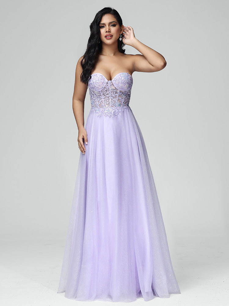 épaule dénudée Tulle Paillettes et Dentelle Robe de Soirée en LILAS