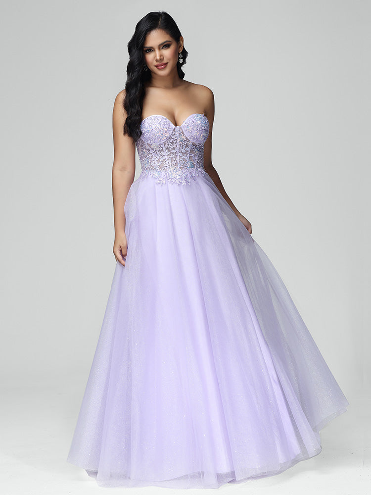 épaule dénudée Tulle Paillettes et Dentelle Robe de Soirée en LILAS