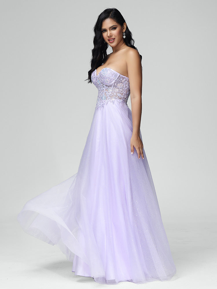 épaule dénudée Tulle Paillettes et Dentelle Robe de Soirée en LILAS