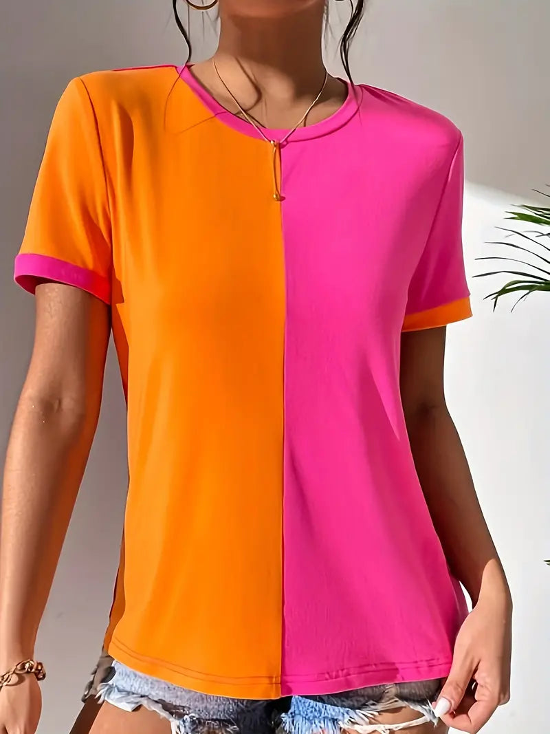 Chemise cripes 2 zones de couleurs orange et rose | Carmel