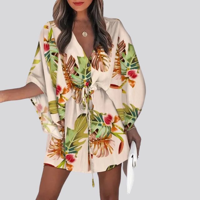 Robe chemise boho à col en V et imprimé floral