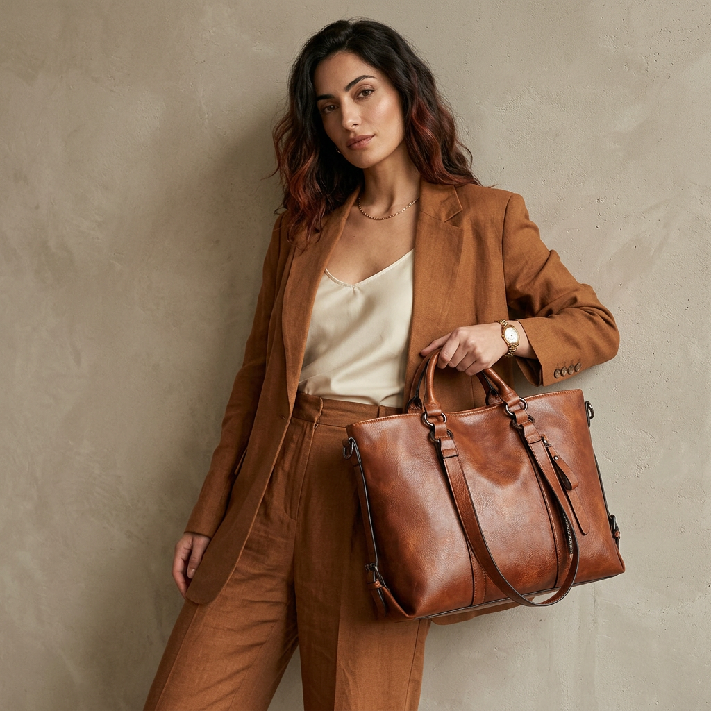 Große vegane Leder-Arbeits Tasche mit Crossbody-Gurt