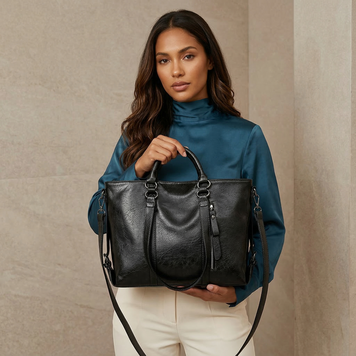 Große vegane Leder-Arbeits Tasche mit Crossbody-Gurt