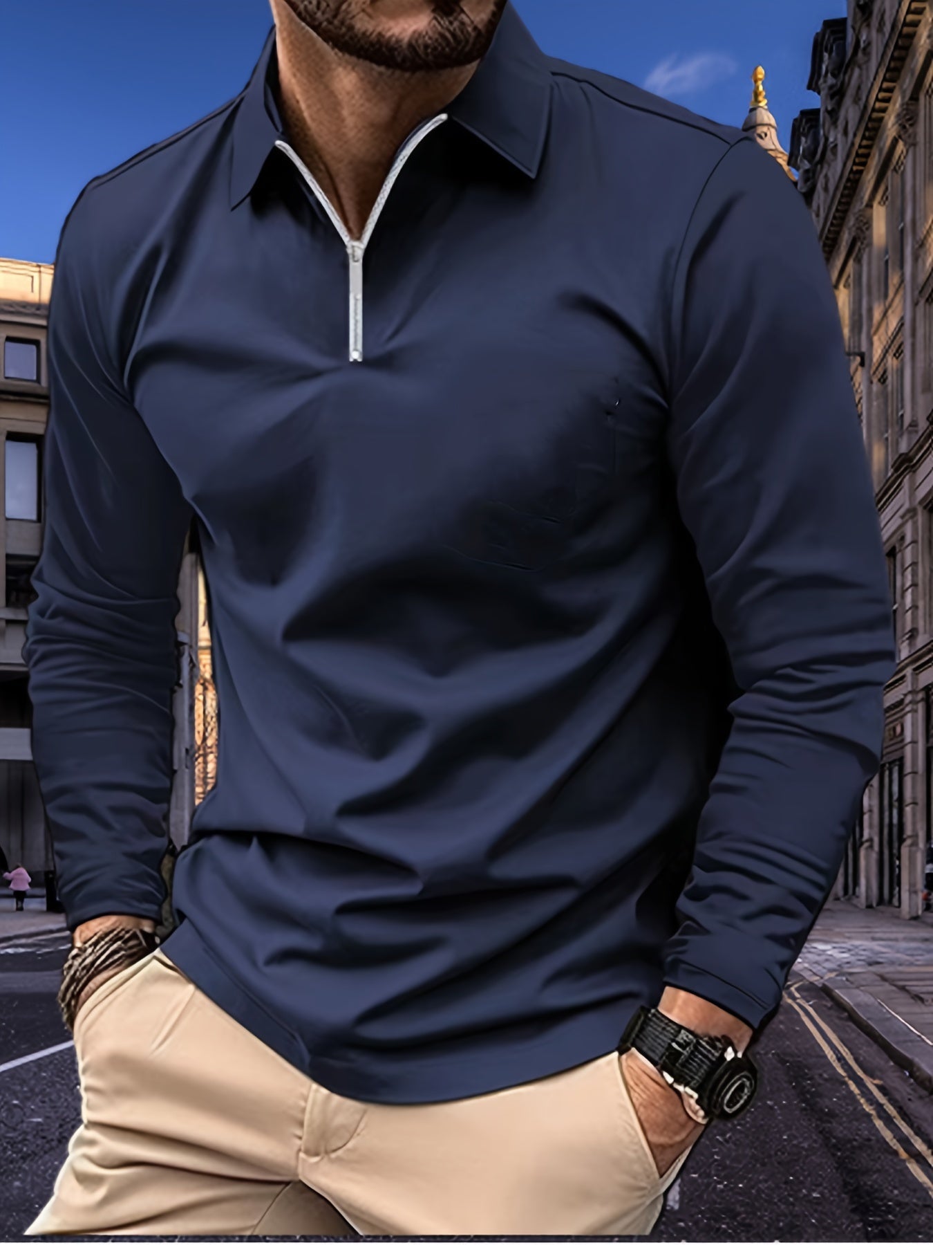 Chemise basique à manches longues avec zip pour homme