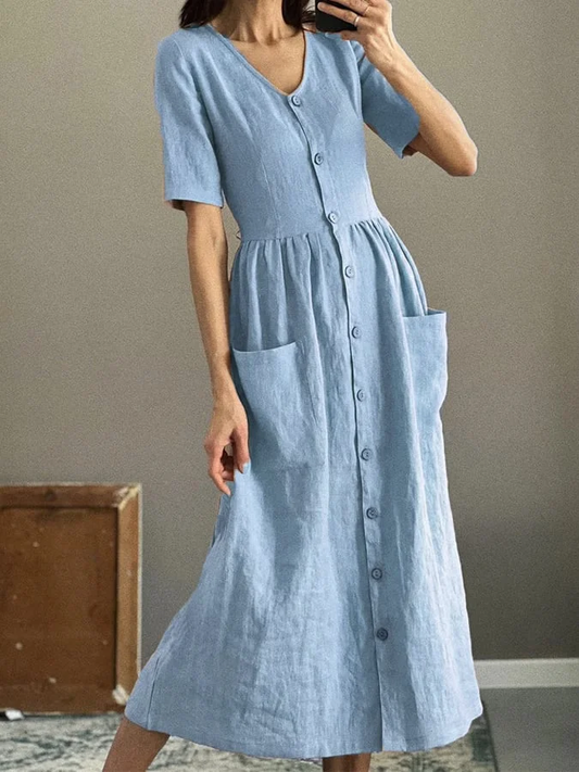 Robe Décontractée Pour Femme de Couleur Unie Avec col en V et Poches