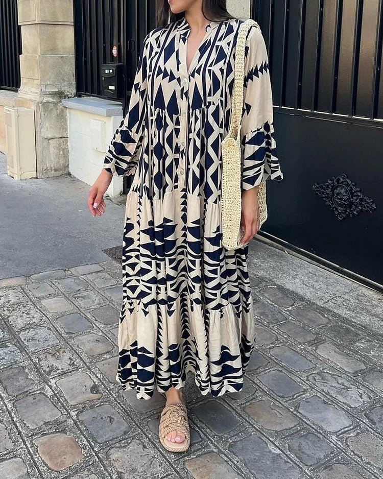 Robe décontractée à la mode avec col en V et manches longues imprimées