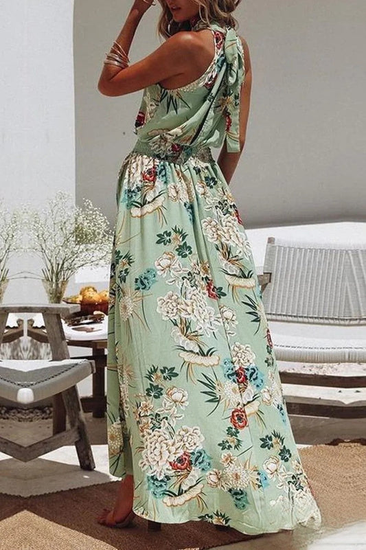 Robe à la mode à imprimé floral vert et encolure ronde