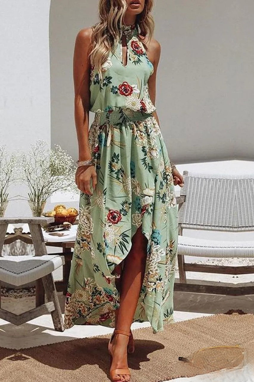 Robe à la mode à imprimé floral vert et encolure ronde