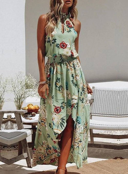 Robe verte à imprimé floral et col rond à la mode