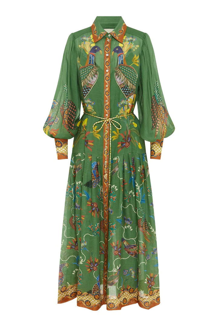 Robe verte vintage en forme de paon