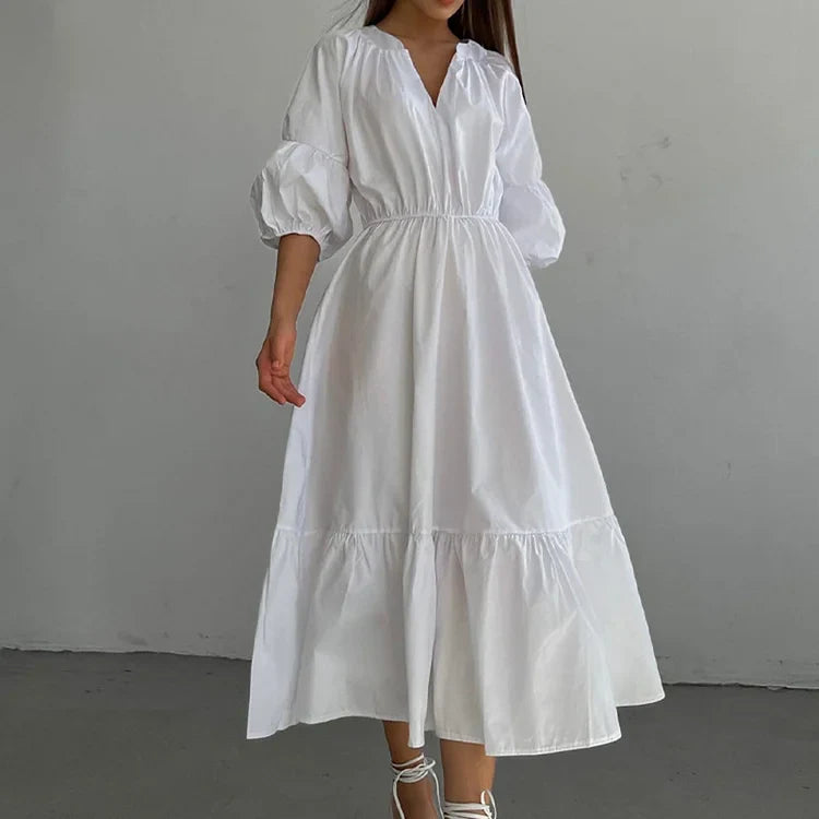 Robe longue décontractée à manches bouffantes et unicolore