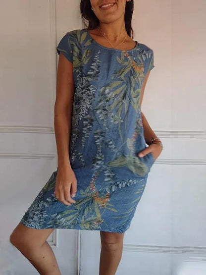 Robe imprimée à col rond en coton et lin pour femme