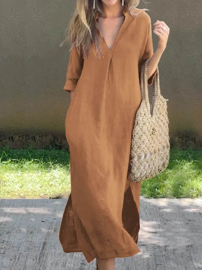 Robe en lin à col en V de couleur unie pour femme, avec poche et col en V