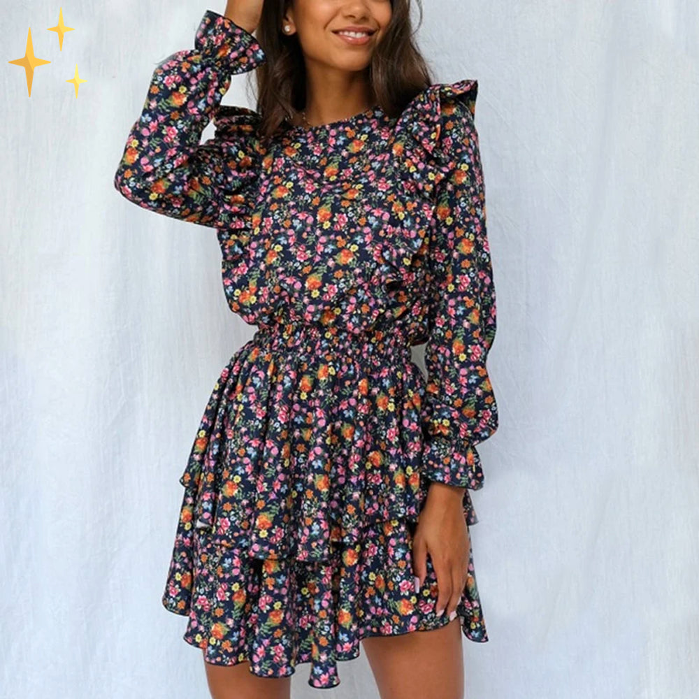 Mini robe à imprimé floral coloré Cripes avec taille et manches longues pour un look printanier joyeux