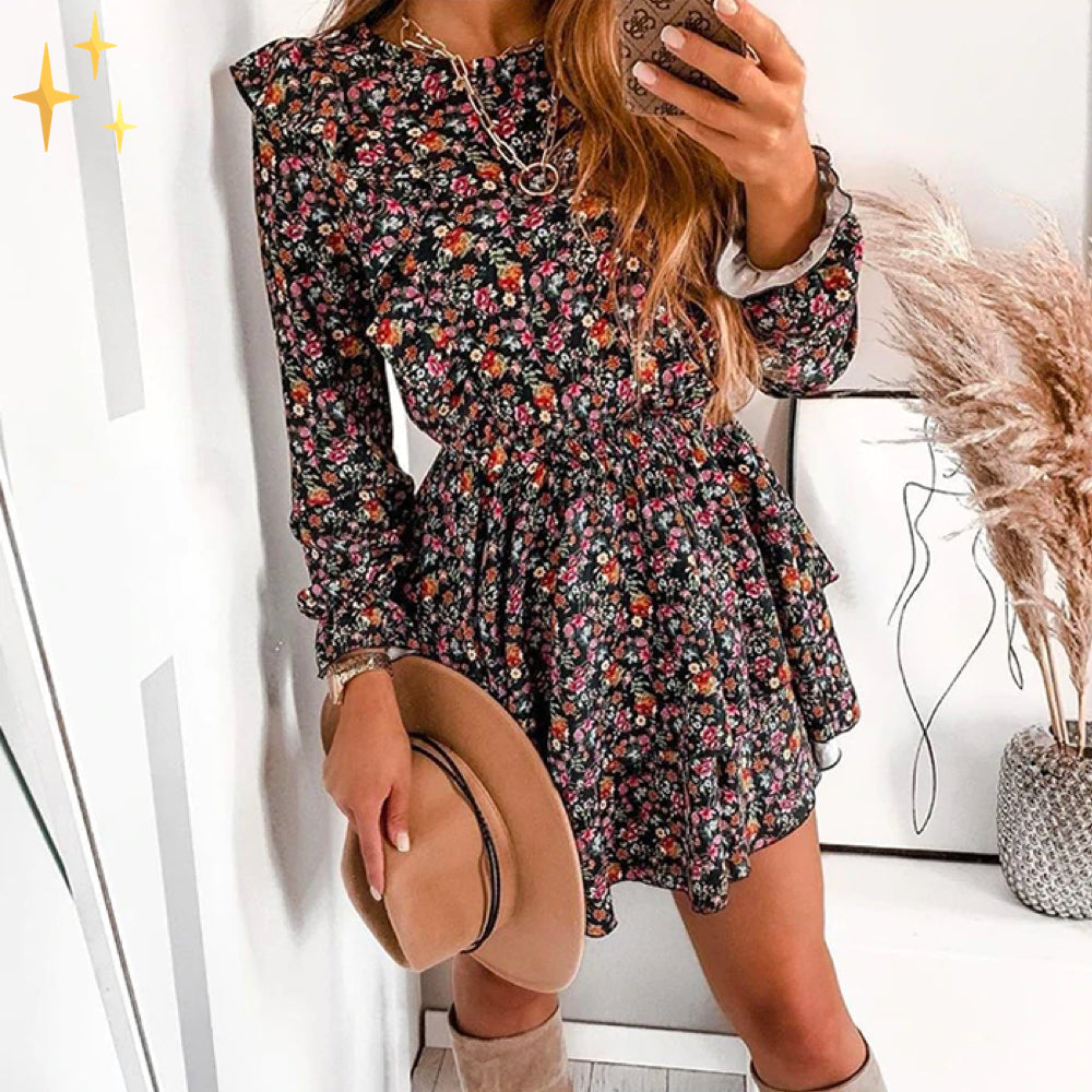 Mini robe à imprimé floral coloré Cripes avec taille et manches longues pour un look printanier joyeux