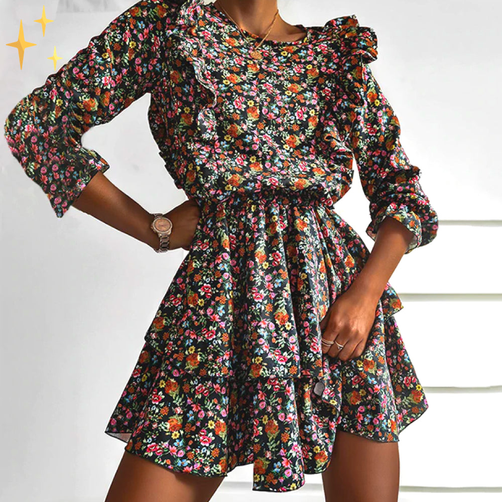 Mini robe à imprimé floral coloré Cripes avec taille et manches longues pour un look printanier joyeux