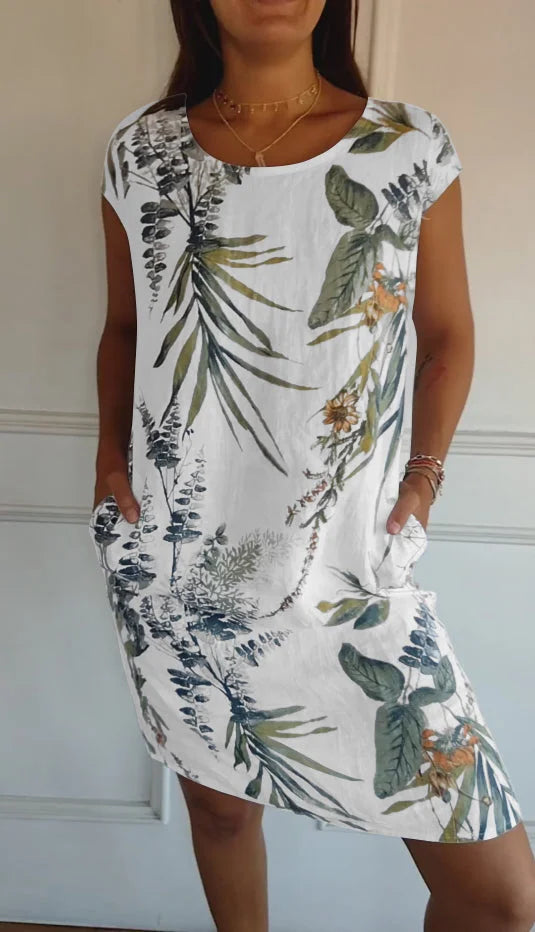 – Robe imprimée en coton et lin pour femme avec col rond