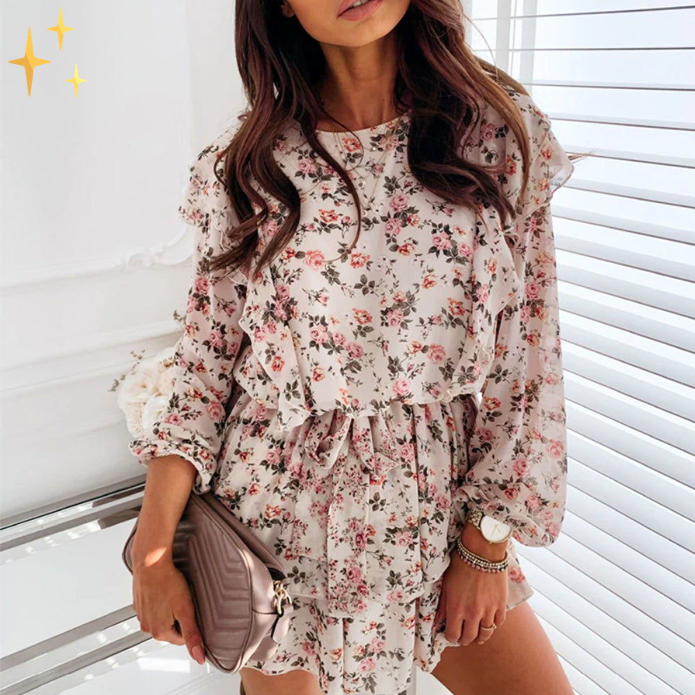 Mini robe crème aérée Cripes à fleurs roses, taille élastique et manches longues pour le printemps et l'été