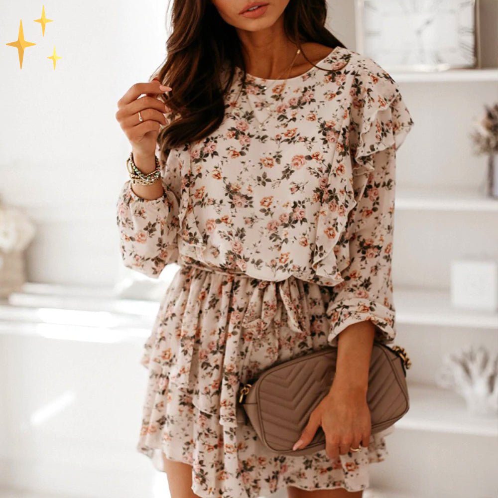 Mini robe crème aérée Cripes à fleurs roses, taille élastique et manches longues pour le printemps et l'été