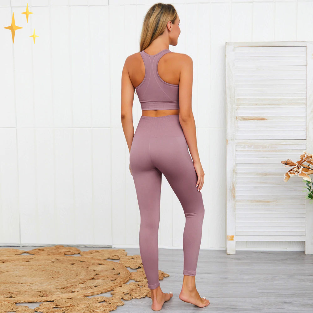 Cripes Ensemble de sport deux pièces élégant aux couleurs unies, leggings sans couture et soutien-gorge de sport