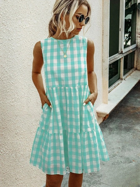 Robe de femme ample à col rond et à la mode, jupe à carreaux Pastel