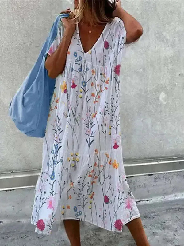 robe de plage boho pour femme robe d'été à col en V et à manches courtes à imprimé floral