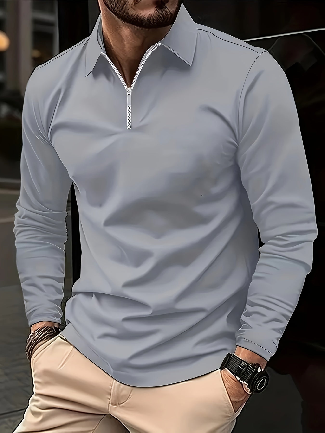 Chemise basique à manches longues avec zip pour homme