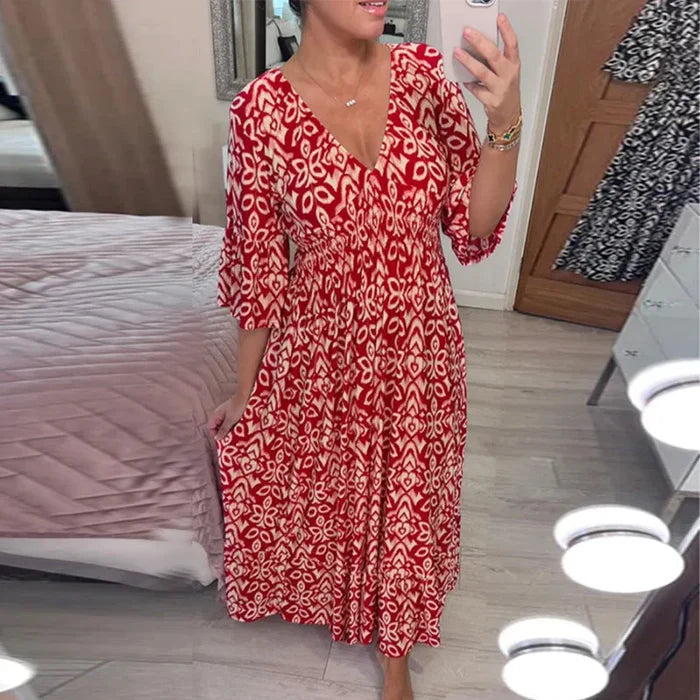 Robe Imprimée à Col En V Et Manches Larges