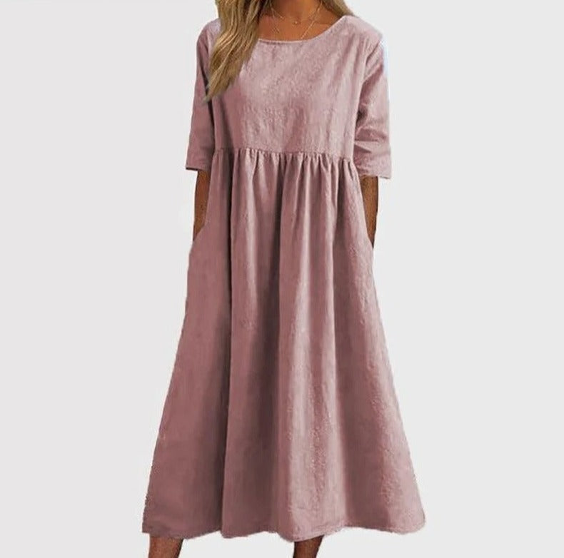 Cripes Robe mi-longue de printemps en lin, large et confortable, féminine, avec demi-manches et col haut