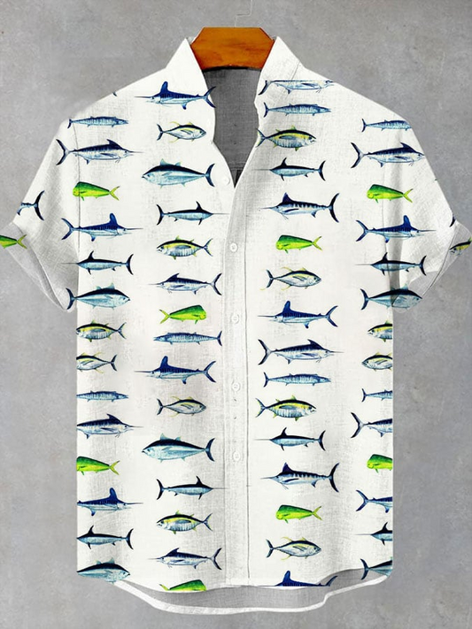 Chemise casual à manches courtes vintage avec impression d'art poisson pour homme