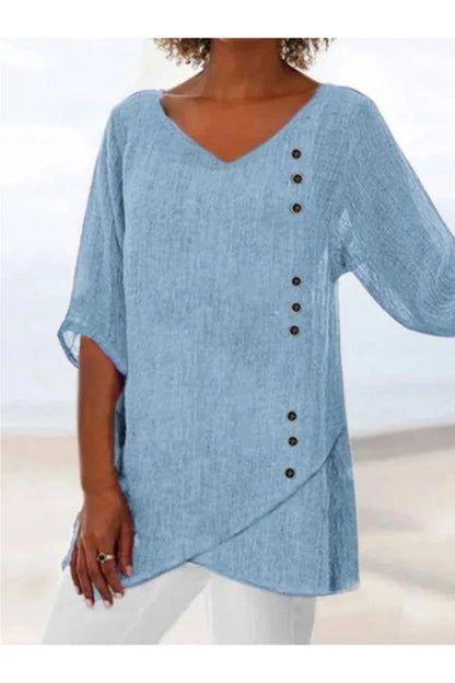 Casual Blue Blouse V-Neck Half Solid Sleeve with Buttons