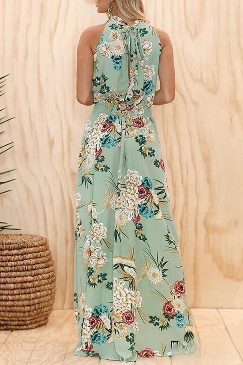 Robe à la mode à imprimé floral vert et encolure ronde