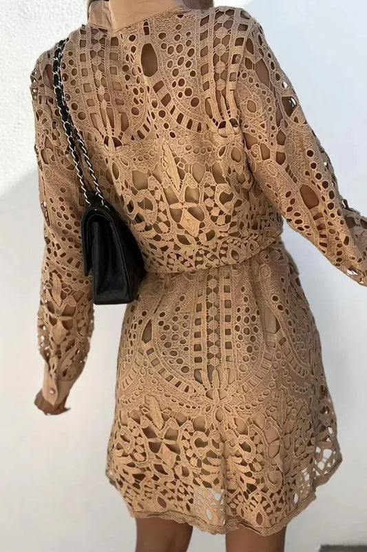 Robe de soirée pour femme, col en V, manches longues, dentelle, tenue de festival