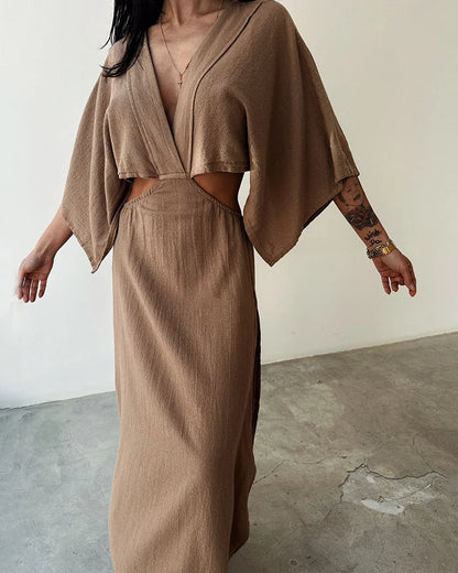 Robe Cripes col V avec manches et taille découpée pour femme | Raya