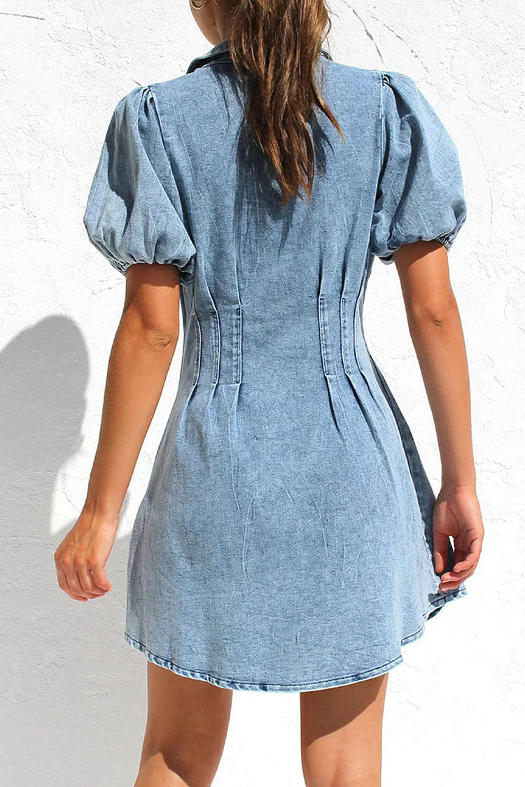 Robes en denim régulières à manches courtes et col rabattu avec fermeture éclair unie et douce et élégante